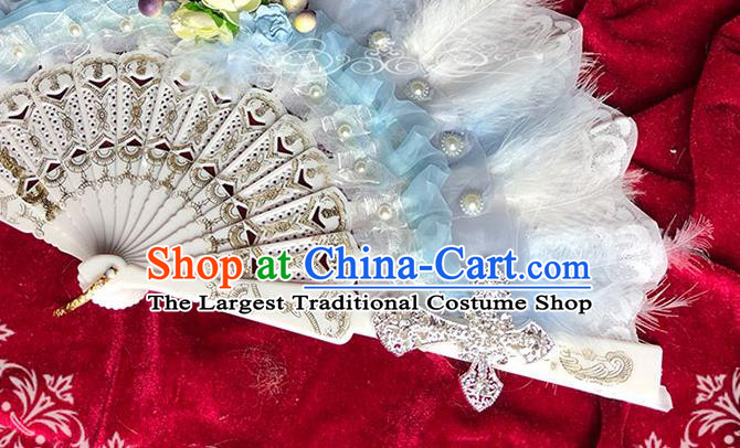 Handmade Retro White Feather Folding Fans Classical Princess Wedding Fan Court Bride Lace Accordion