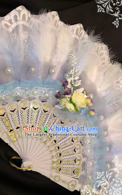 Handmade Retro White Feather Folding Fans Classical Princess Wedding Fan Court Bride Lace Accordion