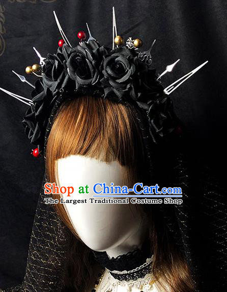 Halloween Cosplay Black Roses Royal Crown Handmade Hair Accessories Stage Show Gothic Princess Headwear