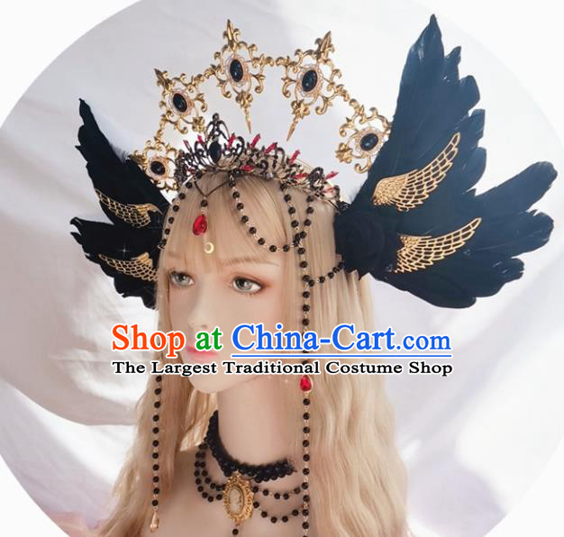 Halloween Cosplay Lolita Black Feather Royal Crown Stage Show Gothic Headwear Handmade Hair Accessories