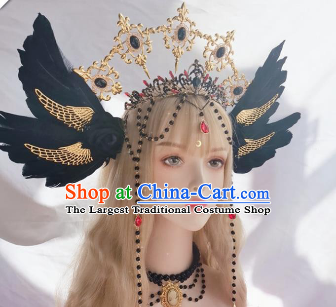 Halloween Cosplay Lolita Black Feather Royal Crown Stage Show Gothic Headwear Handmade Hair Accessories