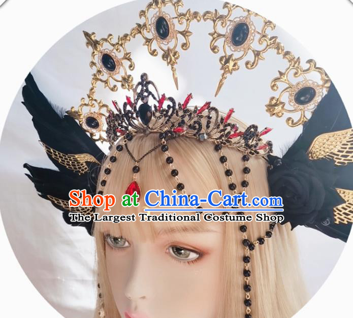 Halloween Cosplay Lolita Black Feather Royal Crown Stage Show Gothic Headwear Handmade Hair Accessories