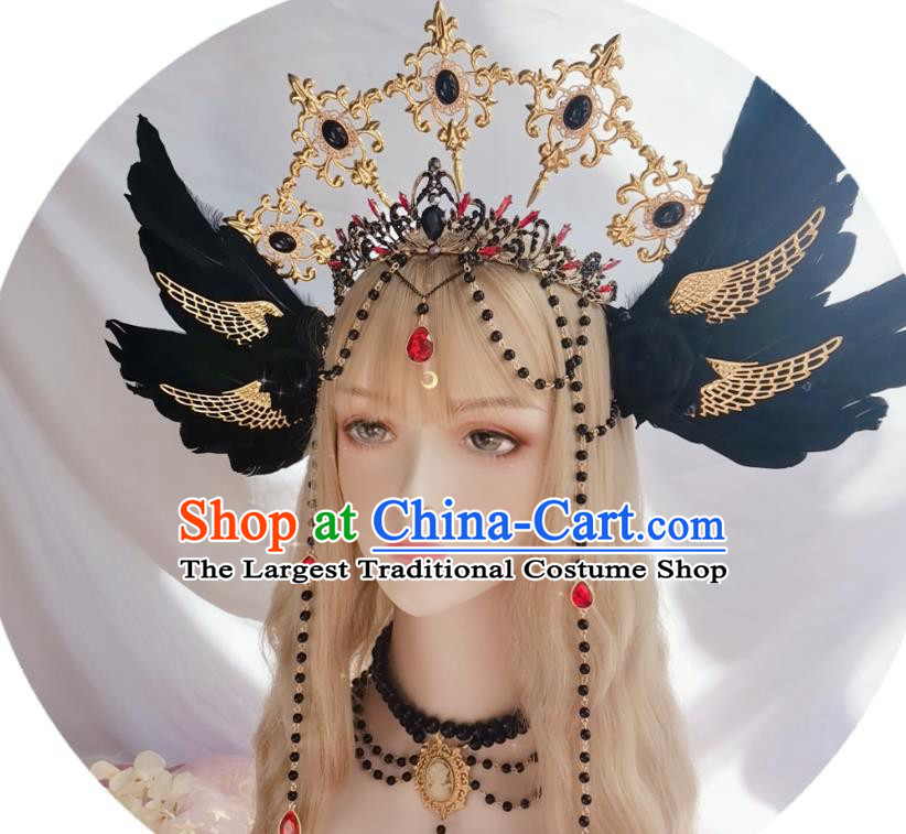Halloween Cosplay Lolita Black Feather Royal Crown Stage Show Gothic Headwear Handmade Hair Accessories