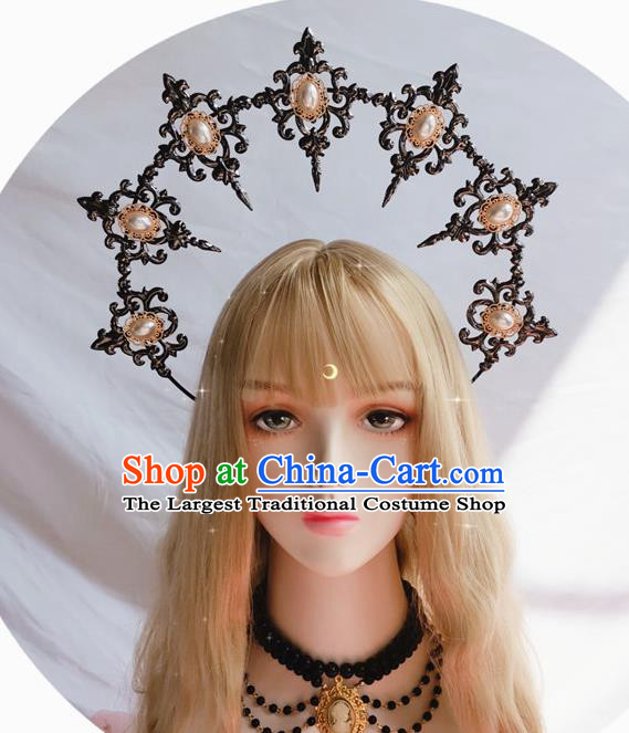 Handmade Pearls Blackl Aureole Royal Crown Halloween Stage Show Headwear Cosplay Gothic Princess Hair Accessories