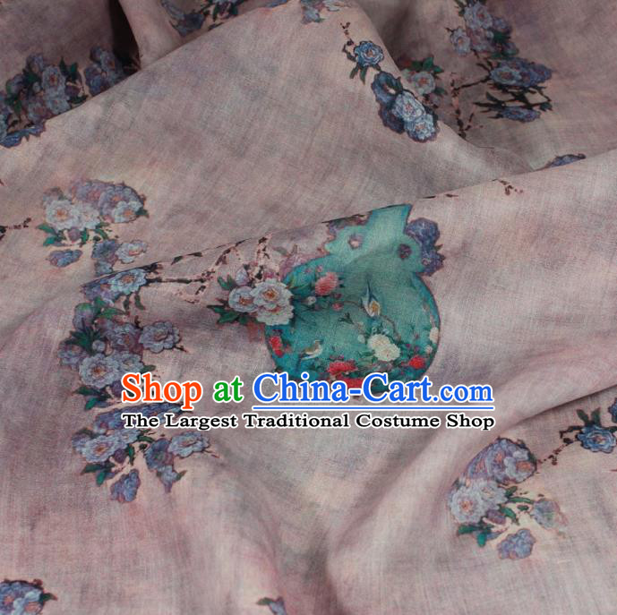 Chinese Traditional Linen Drapery Asian Qipao Dress Flax Cloth Printing Flowers Vase Pattern Lilac Ramine Fabric