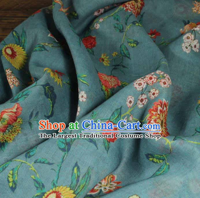 Chinese Printing Flowers Pattern Blue Ramine Fabric Traditional Linen Drapery Asian Qipao Dress Flax Cloth