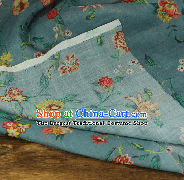 Chinese Printing Flowers Pattern Blue Ramine Fabric Traditional Linen Drapery Asian Qipao Dress Flax Cloth