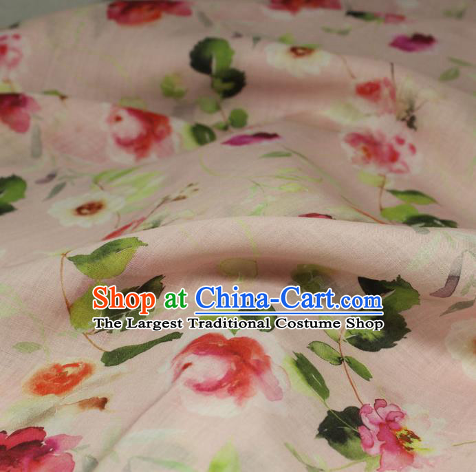Chinese Printing Flowers Petal Pattern Ramine Fabric Traditional Linen Drapery Asian Qipao Dress Light Pink Flax Cloth