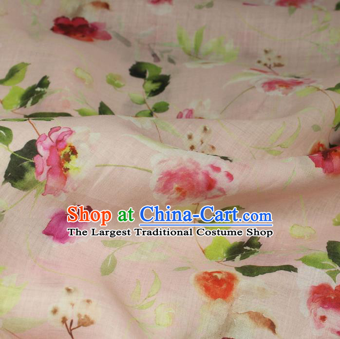Chinese Printing Flowers Petal Pattern Ramine Fabric Traditional Linen Drapery Asian Qipao Dress Light Pink Flax Cloth