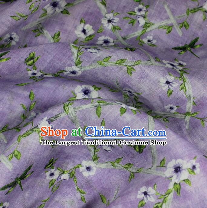 Traditional Linen Drapery Asian Qipao Dress Purple Flax Cloth Chinese Printing Flowers Pattern Ramine Fabric