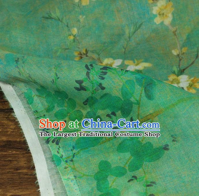 Traditional Green Linen Drapery Chinese Printing Flowers Pattern Ramine Fabric Asian Qipao Dress Flax Cloth
