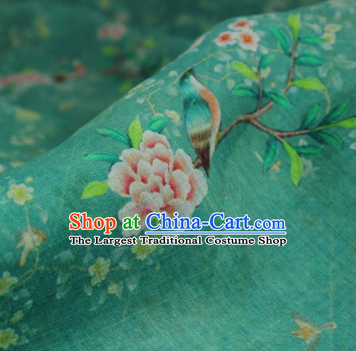 Chinese Printing Peony Bird Pattern Green Ramine Fabric Traditional Linen Drapery Asian Qipao Dress Flax Cloth