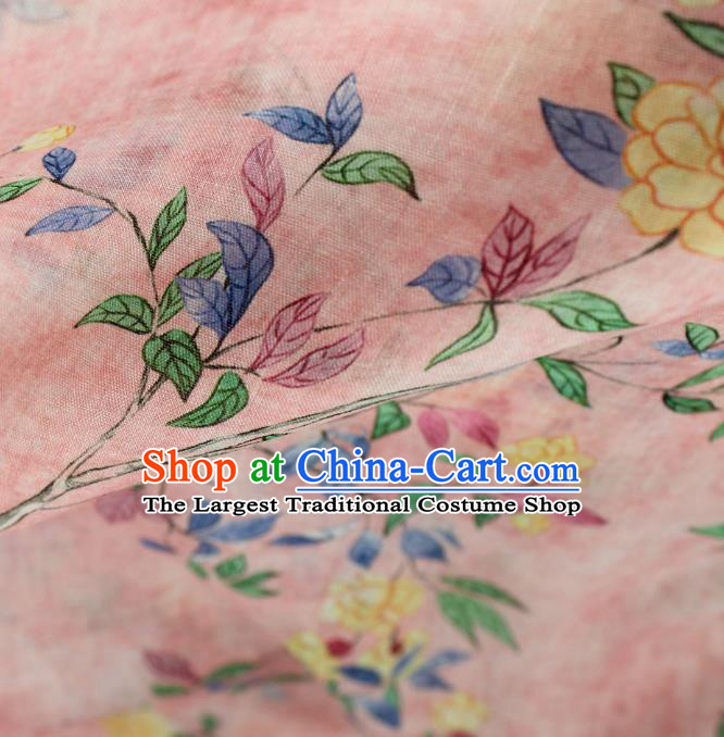 Chinese Pink Flax Cloth Traditional Printing Flowers Pattern Ramine Fabric Asian Qipao Dress Linen Drapery