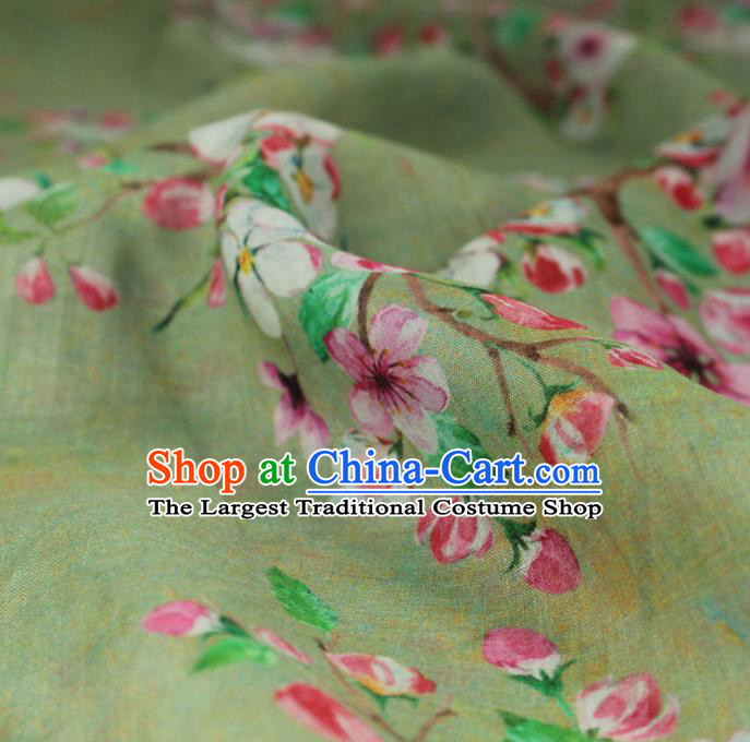 Chinese Light Green Flax Cloth Asian Qipao Dress Linen Drapery Traditional Printing Peach Flowers Pattern Ramine Fabric