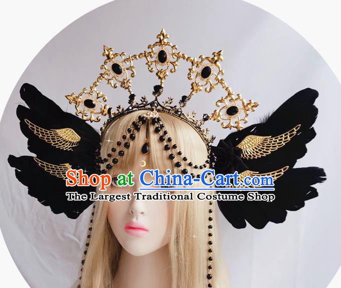 Handmade Cosplay Black Angel Feather Hair Accessories Halloween Stage Show Headwear Aureole and Royal Crown