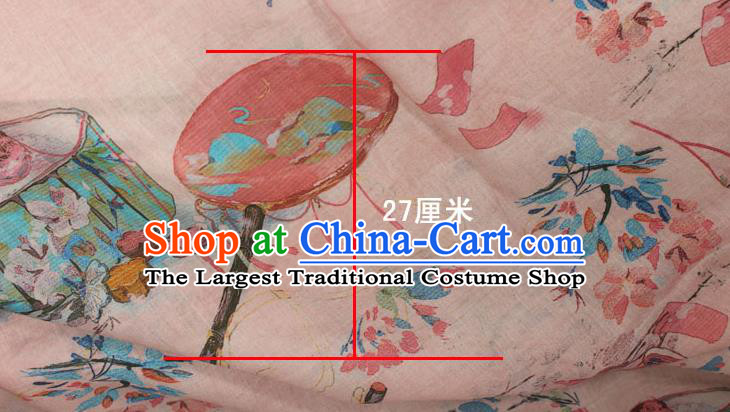 Chinese Printing Round Fan Pattern Pink Flax Fabric Qipao Dress Ramine Cloth Traditional Asian Linen Drapery