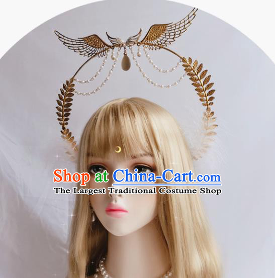 Halloween Stage Show Headwear Aureole and Pearls Royal Crown Handmade Cosplay Angel Wing Hair Accessories