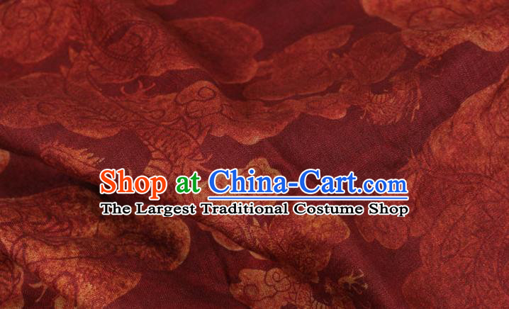 Chinese Printing Dragon Pattern Drak Red Flax Fabric Qipao Dress Cloth Traditional Asian Tang Suit Linen Drapery