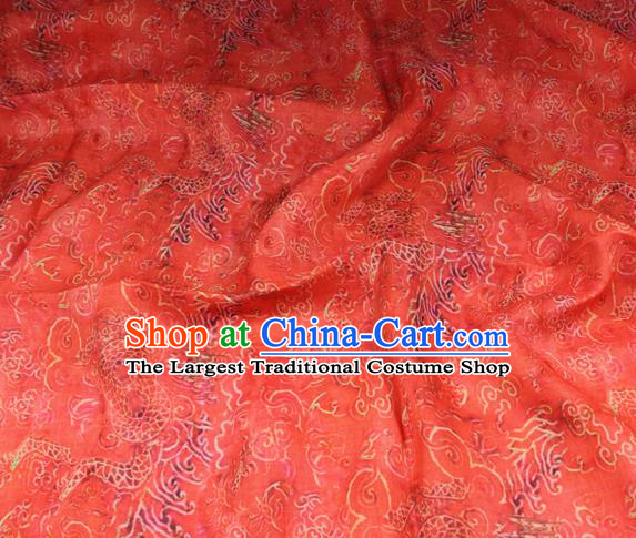Chinese Traditional Cloud Dragon Pattern Red Flax Asian Tang Suit Linen Drapery Fabric Qipao Dress Cloth