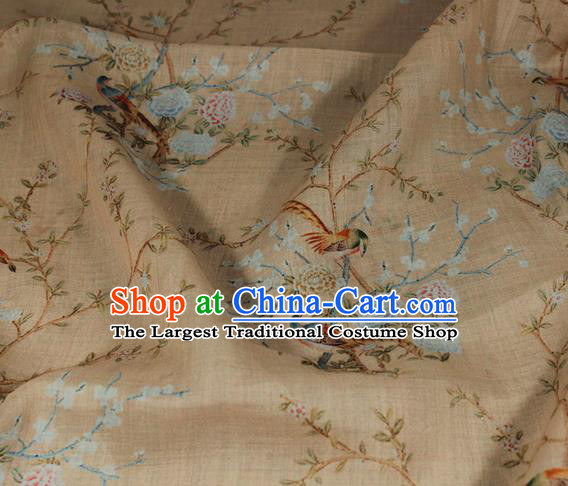 Chinese Traditional Flowers Birds Pattern Beige Flax Asian Tang Suit Linen Drapery Qipao Dress Cloth Fabric