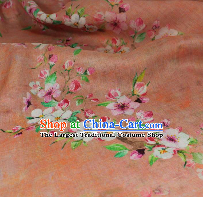 Chinese Printing Peach Blossom Pattern Pink Ramine Fabric Flax Cloth Traditional Asian Qipao Dress Linen Drapery