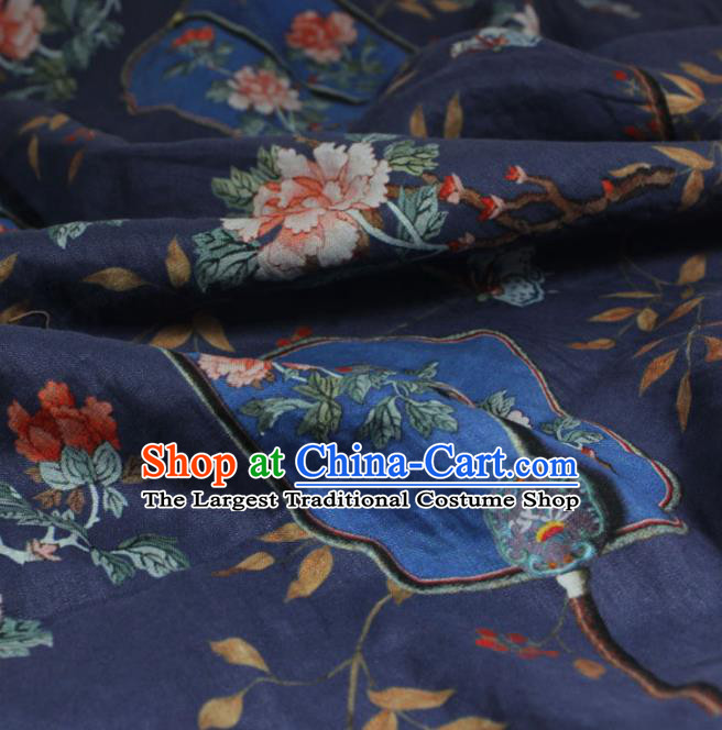 Chinese Printing Peony Fan Pattern Navy Flax Fabric Qipao Dress Cloth Traditional Asian Linen Drapery