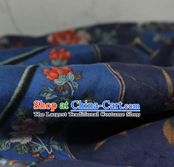 Chinese Printing Peony Fan Pattern Navy Ramine Fabric Qipao Dress Flax Cloth Traditional Asian Linen Drapery