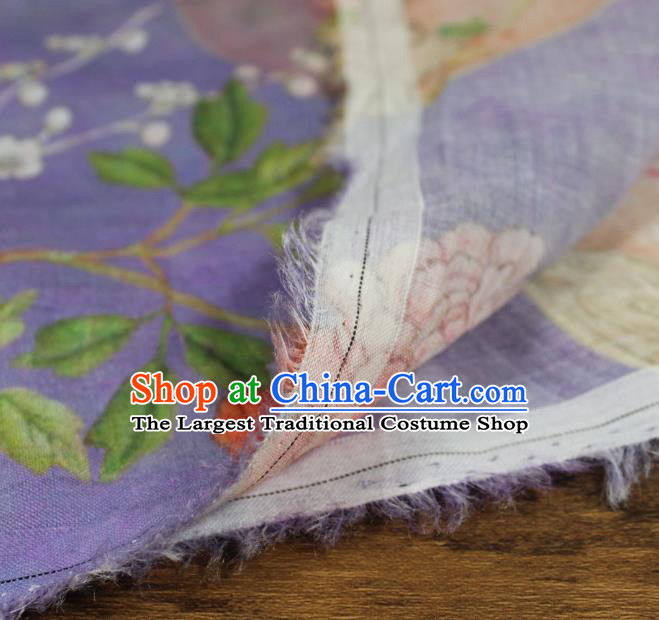 Chinese Printing Plum Peony Fan Pattern Lilac Flax Fabric Traditional Asian Linen Drapery Qipao Dress Cloth