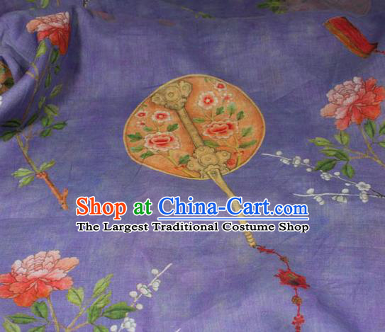 Chinese Printing Plum Peony Fan Pattern Lilac Flax Fabric Traditional Asian Linen Drapery Qipao Dress Cloth