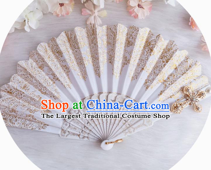 Classical Wedding White Lace Fan Handmade Retro Court Folding Fans Crucifix Accordion