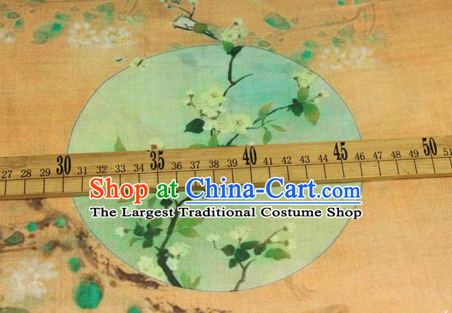 Chinese Printing Pear Blossom Pattern Flax Fabric Traditional Asian Linen Drapery Qipao Dress Cloth Yellow Ramine