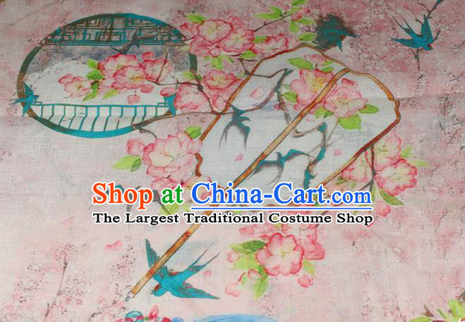 Chinese Printing Peach Blossom Fan Pattern Flax Fabric Traditional Asian Linen Drapery Qipao Dress Pink Ramine Cloth