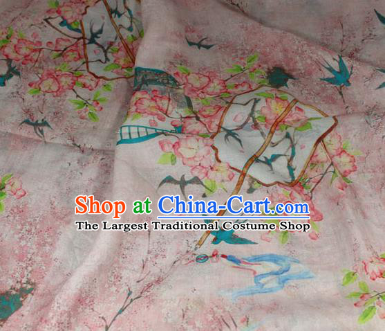 Chinese Printing Peach Blossom Fan Pattern Flax Fabric Traditional Asian Linen Drapery Qipao Dress Pink Ramine Cloth