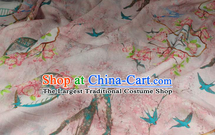 Chinese Printing Peach Blossom Fan Pattern Flax Fabric Traditional Asian Linen Drapery Qipao Dress Pink Ramine Cloth