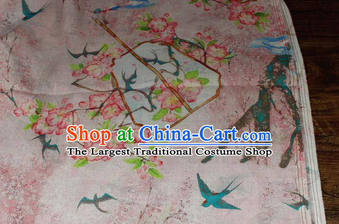 Chinese Printing Peach Blossom Fan Pattern Flax Fabric Traditional Asian Linen Drapery Qipao Dress Pink Ramine Cloth