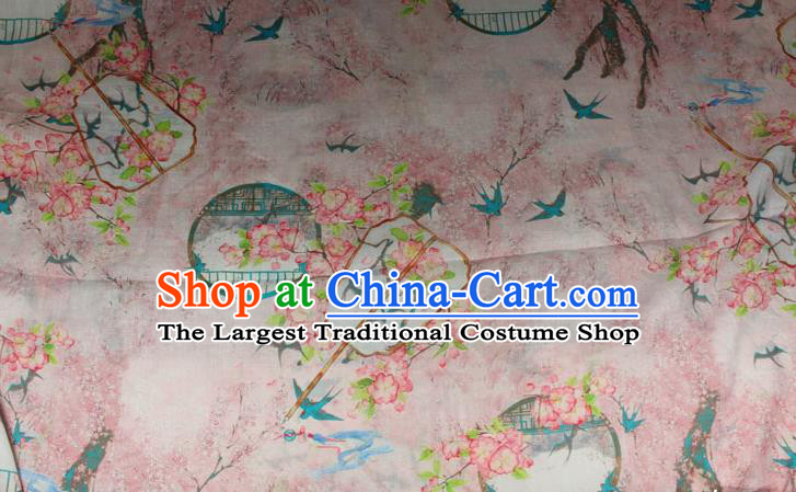 Chinese Printing Peach Blossom Fan Pattern Flax Fabric Traditional Asian Linen Drapery Qipao Dress Pink Ramine Cloth