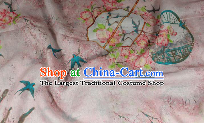 Chinese Printing Peach Blossom Fan Pattern Flax Fabric Traditional Asian Linen Drapery Qipao Dress Pink Ramine Cloth