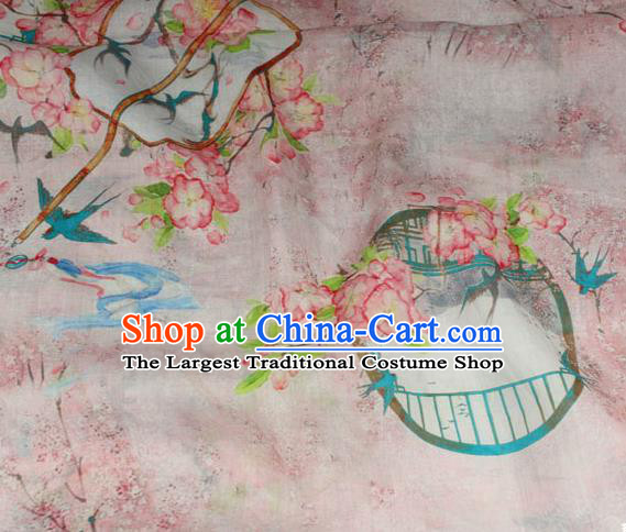 Chinese Printing Peach Blossom Fan Pattern Flax Fabric Traditional Asian Linen Drapery Qipao Dress Pink Ramine Cloth