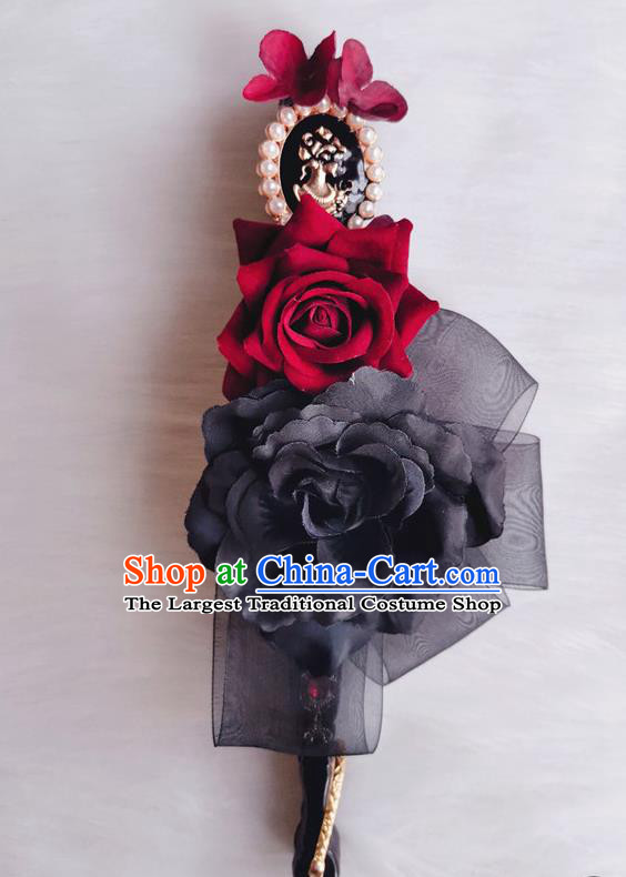 Classical Gothic Black Fan Handmade Retro Court Rose Folding Fans Lace Accordion