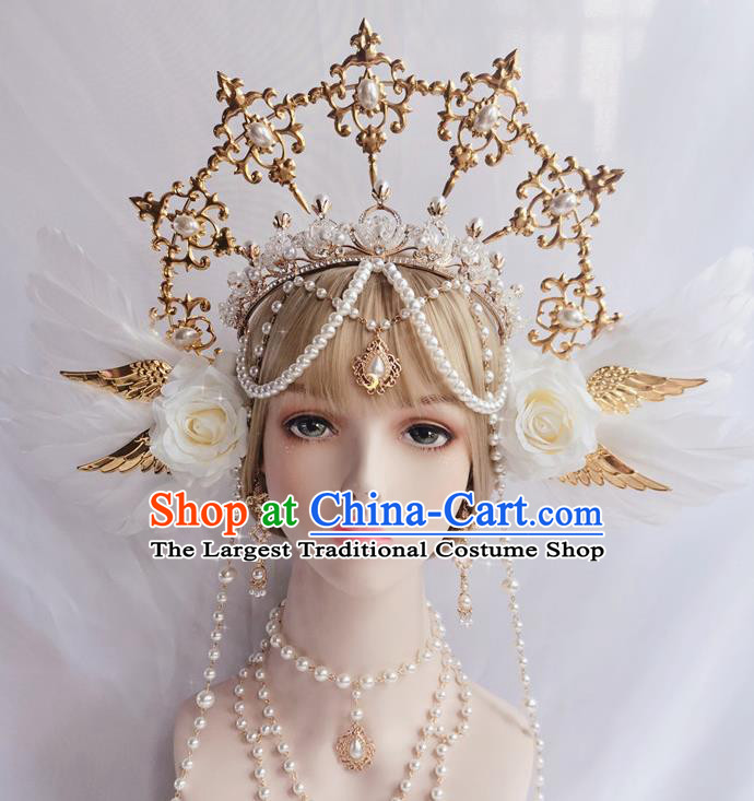 Halloween Stage Show Princess Headwear White Roses Aureole and Royal Crown Handmade Wedding Hair Accessories