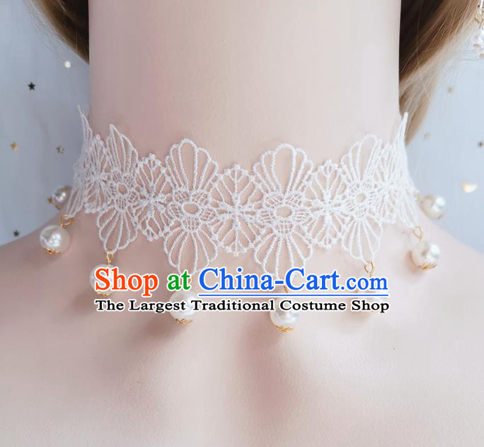 Top Stage Show Pearls Necklace Halloween Cosplay Accessories Europe Court White Lace Necklet
