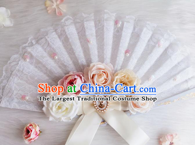 Classical Europe Court White Lace Fan Handmade Retro Folding Fans Rose Flowers Accordion