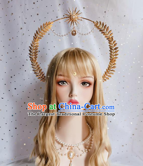 Handmade Golden Leaf Royal Crown Halloween Stage Show Hair Accessories Cosplay Goddess Aureole Hair Clasp