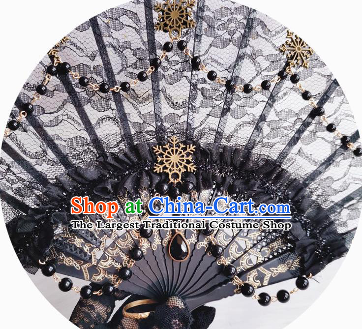 Classical Gothic Black Lace Fan Handmade Dance Folding Fans Europe Court Retro Black Lace Accordion