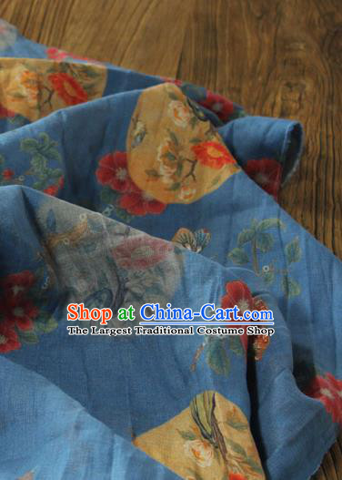 Asian Chinese Printing Flowers Birds Pattern Blue Flax Fabric Traditional Qipao Dress Cloth Linen Drapery