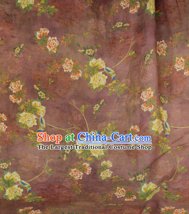 Chinese Traditional Printing Peony Birds Pattern Rust Red Flax Fabric Linen Drapery Asian Qipao Dress Cloth