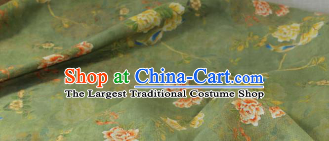 Chinese Linen Drapery Asian Qipao Dress Cloth Traditional Printing Peony Pattern Light Green Flax Fabric