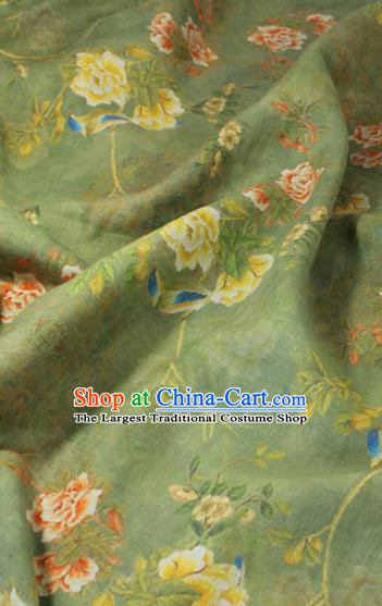 Chinese Linen Drapery Asian Qipao Dress Cloth Traditional Printing Peony Pattern Light Green Flax Fabric
