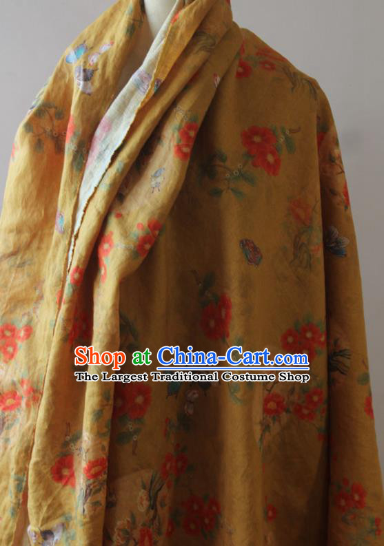 Asian Qipao Dress Cloth Chinese Traditional Printing Peony Birds Pattern Yellow Flax Fabric Linen Drapery