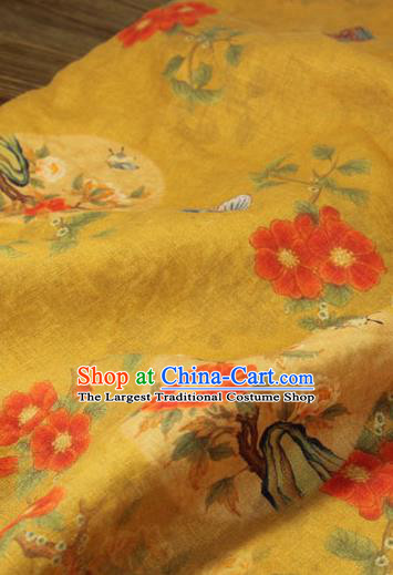 Asian Qipao Dress Cloth Chinese Traditional Printing Peony Birds Pattern Yellow Flax Fabric Linen Drapery